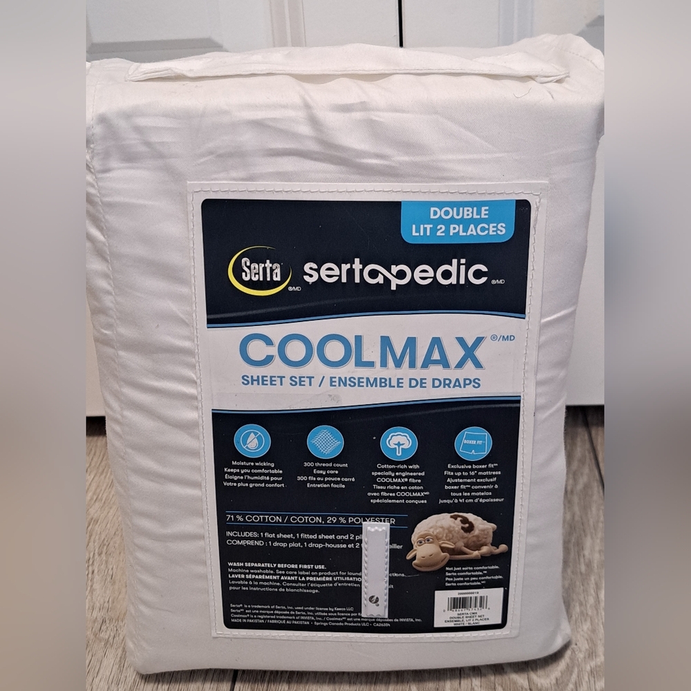 New Serta Sertapedic Coolmax 4pc Double Size White Sheet Set. 300 Thread Count